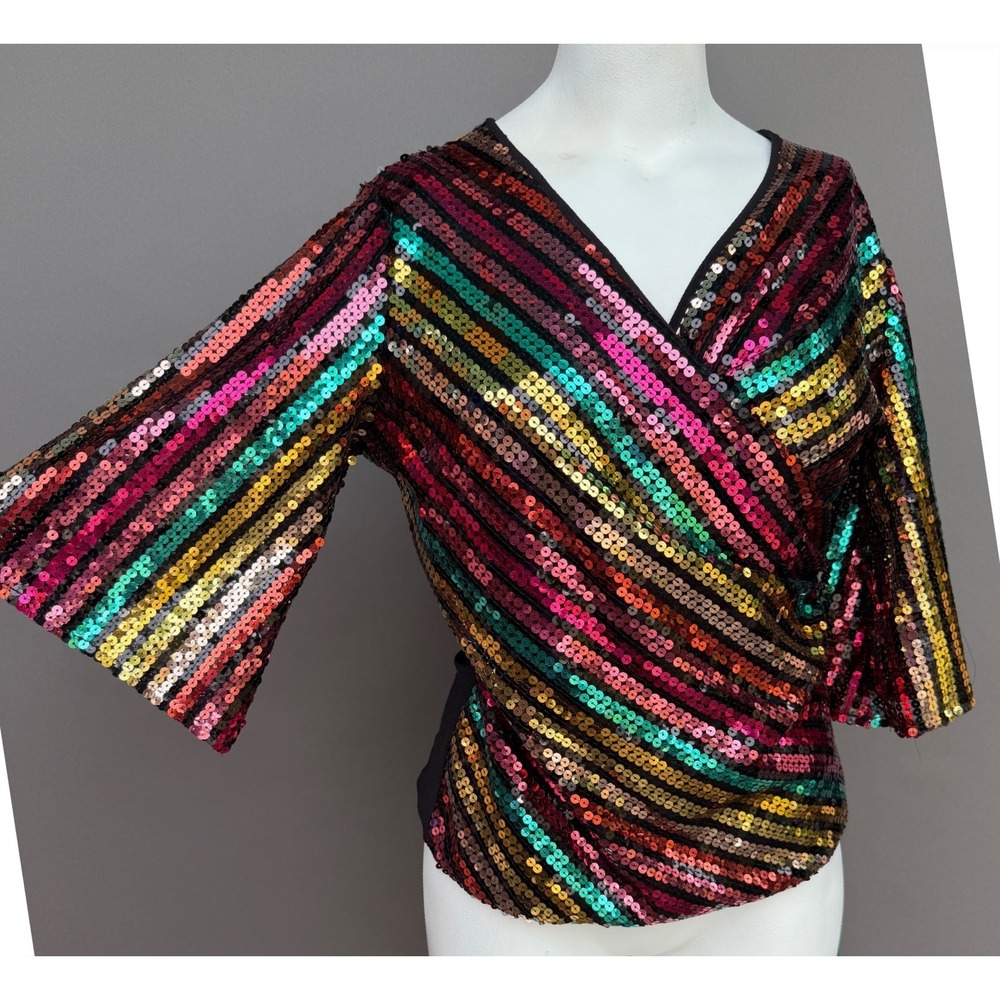 Prelude Sequin Wrap Top Medium Multi Color Stripe Bell Sleeve Disco Party Glam